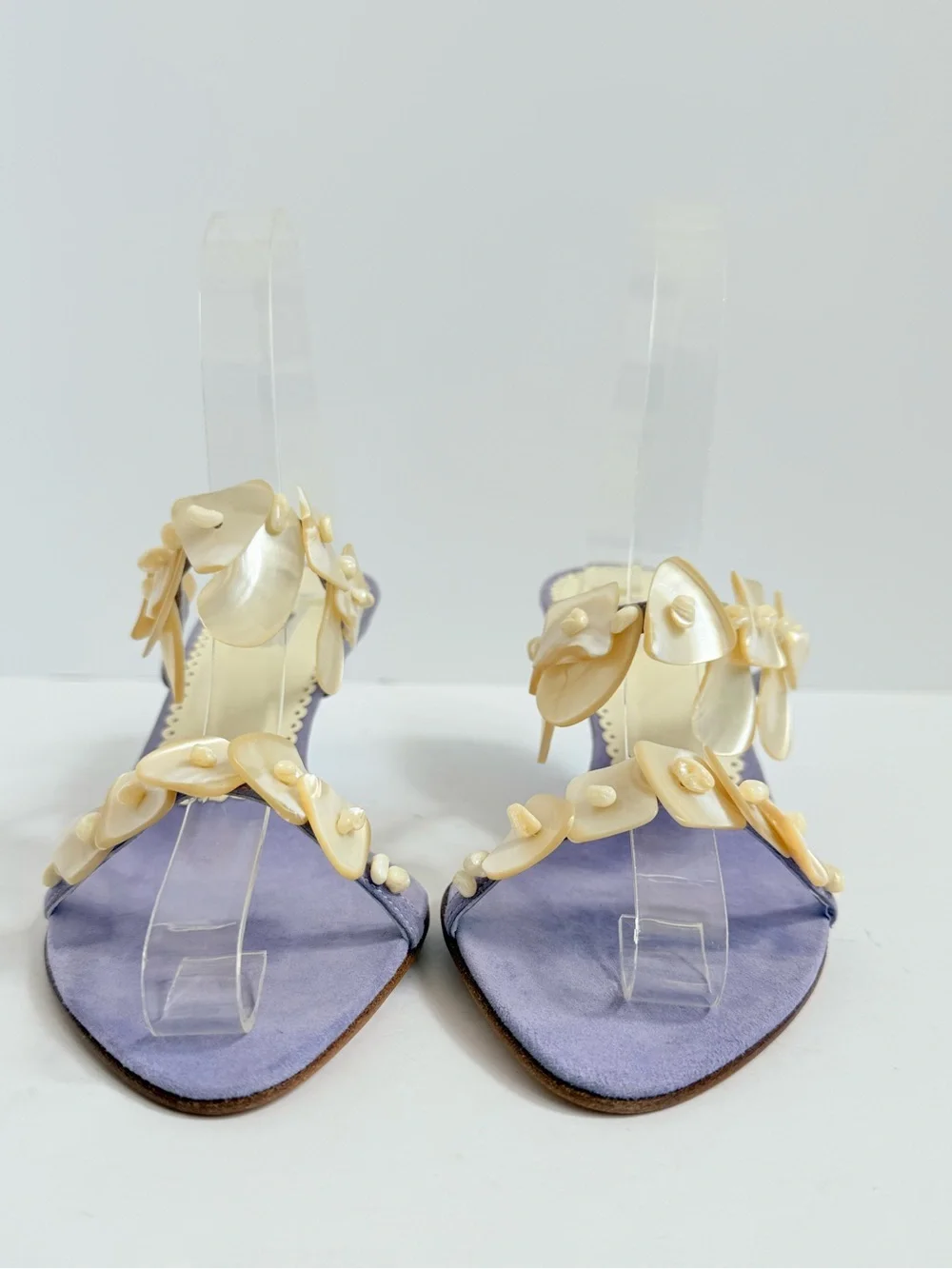 Rare 2003 Prada Archive Glicine Shell Embellished Suede Kitten Heel Mules EU 37
